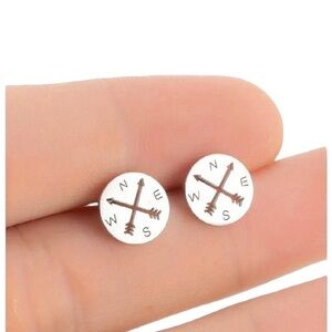 Stainless Steel Silver Round Compass Stud Earrings
